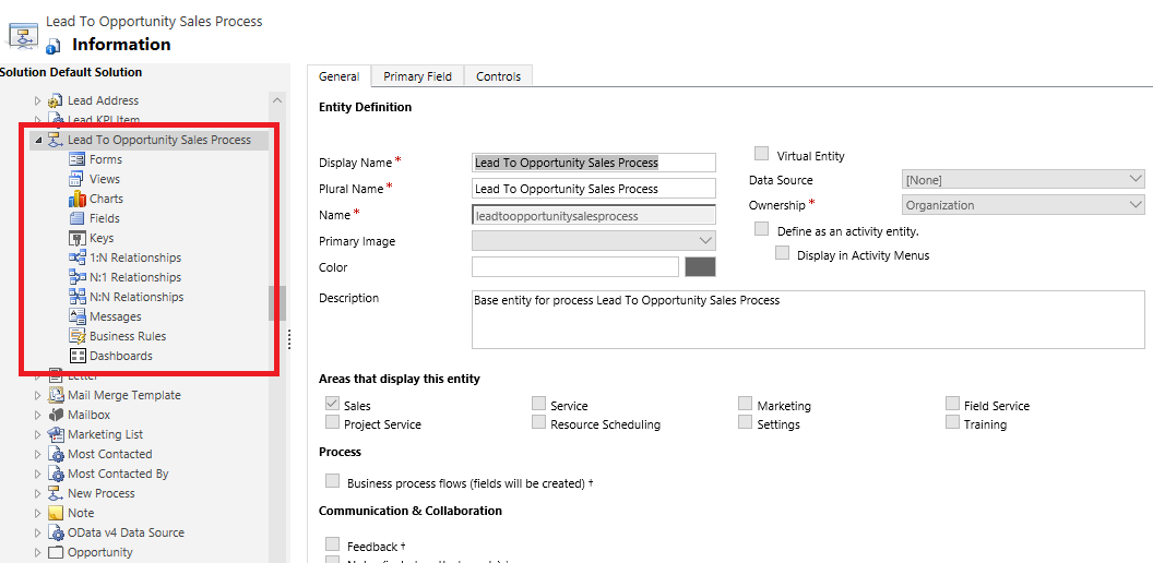 Explorateur de solutions avec l’entité de processus prospect-opportunité.