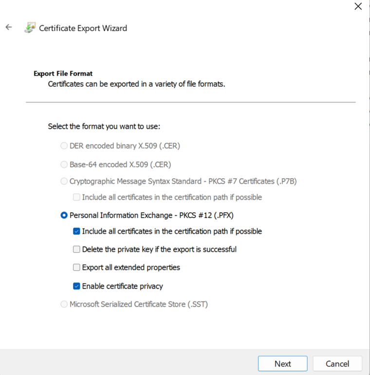 Format d’exportation du certificat