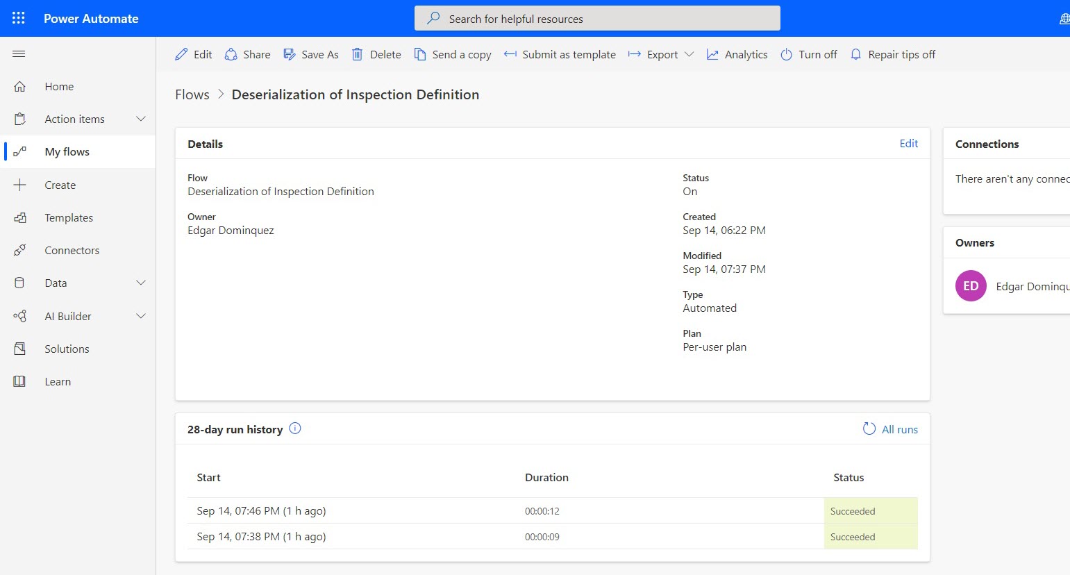 Flux de désérialisation d’inspection dans Power Automate.