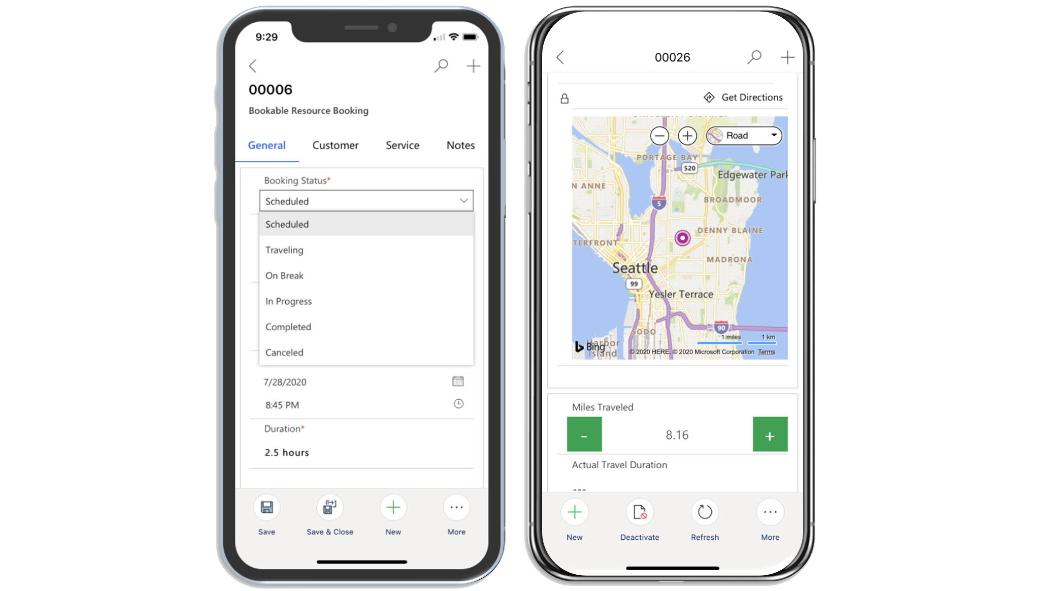 Rendus de deux appareils mobiles montrant le statut de réservation et l’emplacement de travail mappé dans l’application mobile Field Service.