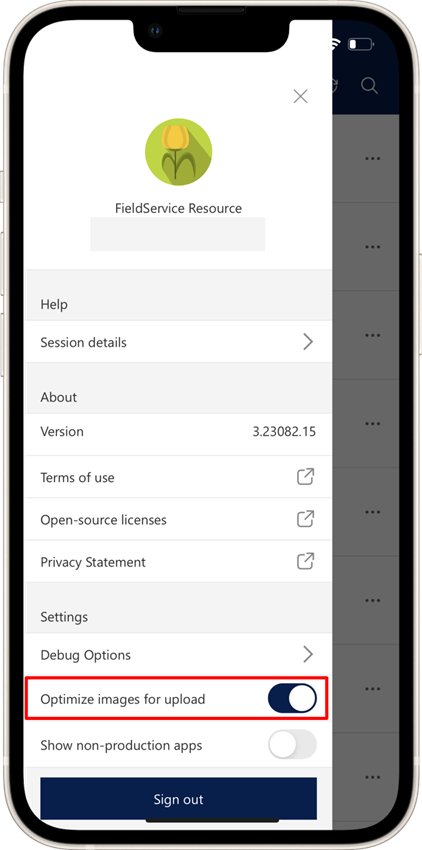 Capture d’écran de l’application mobile Field Service montrant les options de paramètres d’environnement.