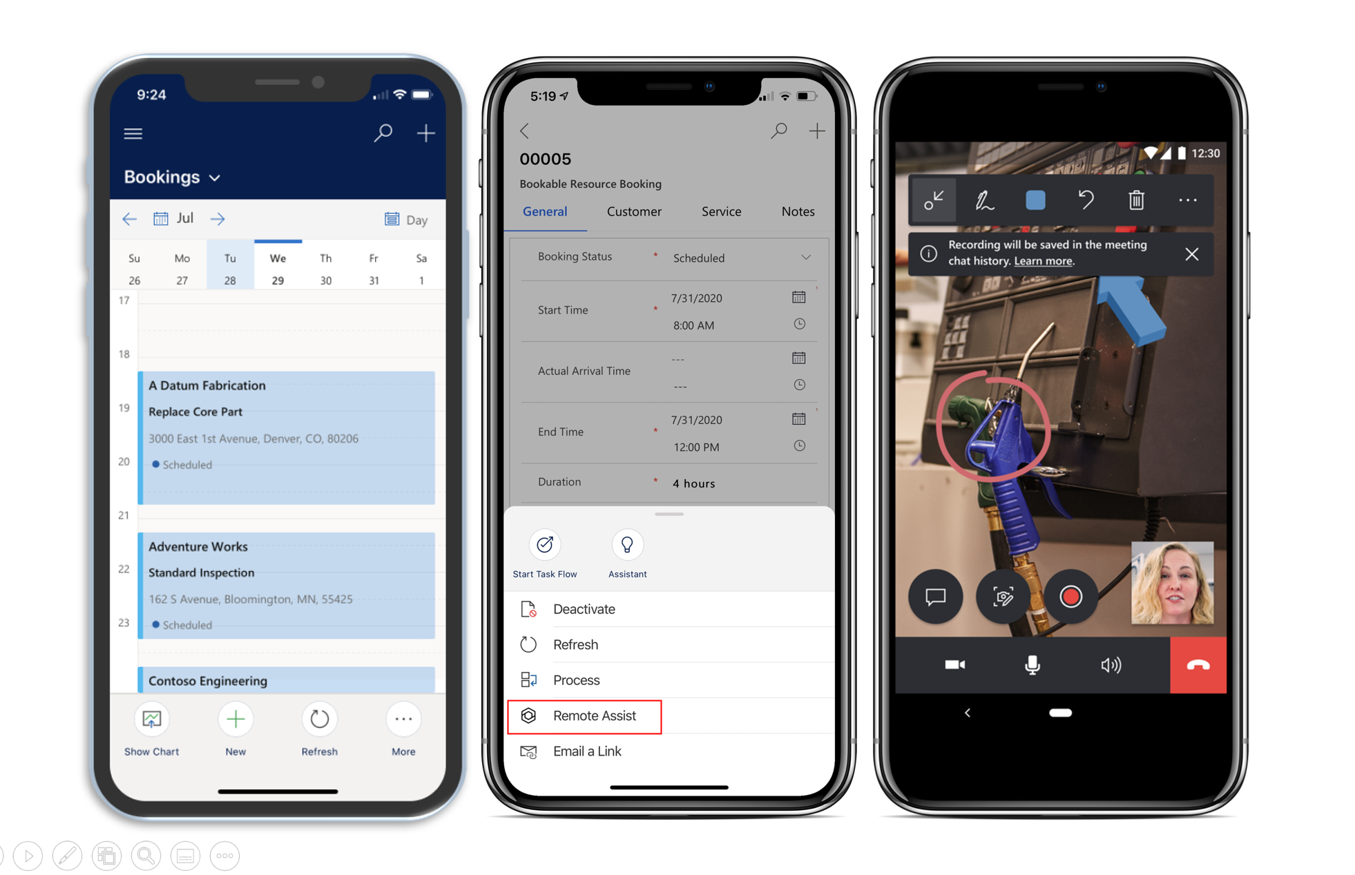 Capture d’écran de quatre appareils mobiles et du workflow qui fait apparaître l’option de lancement de Dynamics 365 Remote Assist.