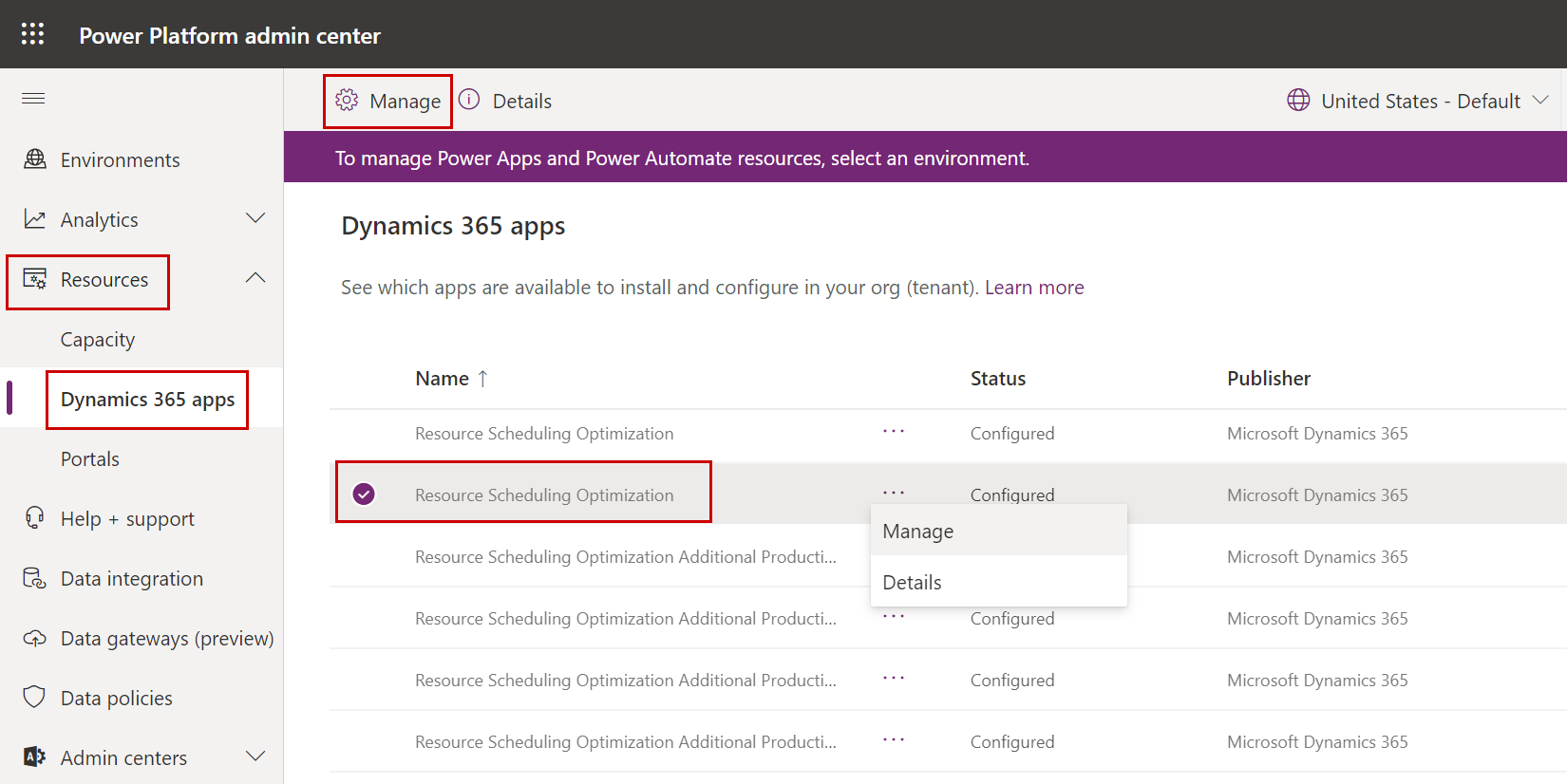 Capture d’écran du centre d’administration Dynamics 365