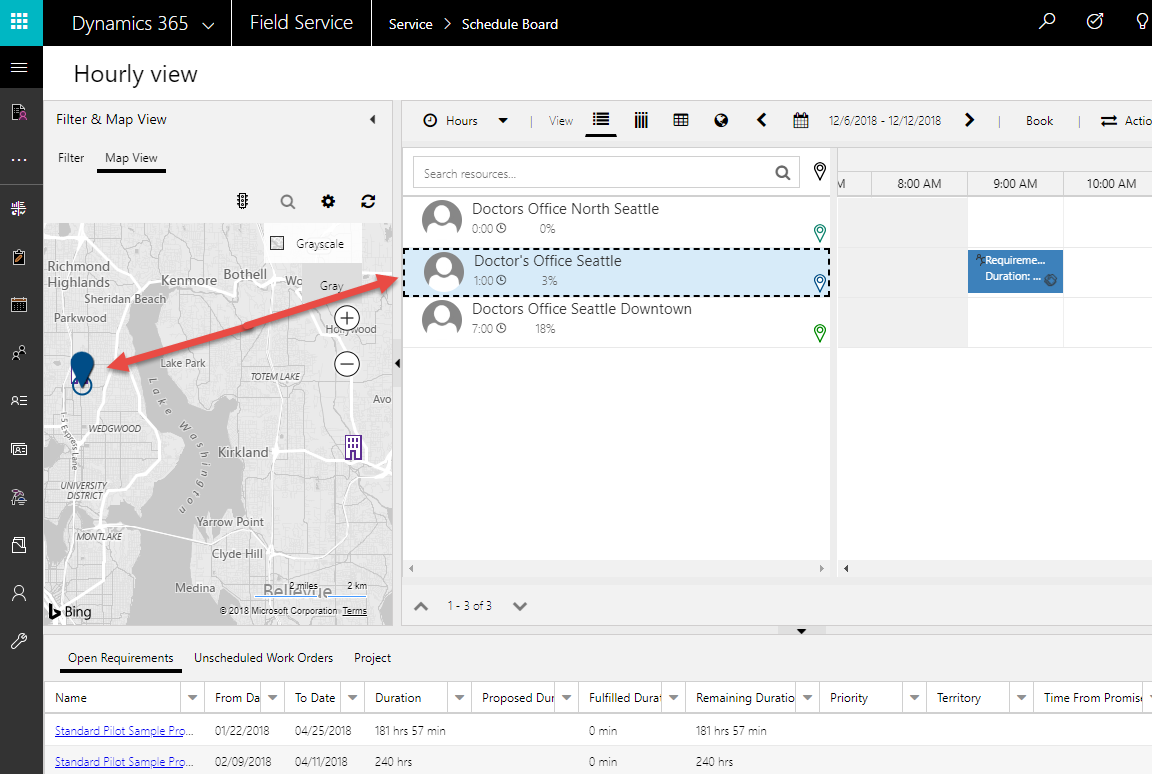 Capture d’écran de la ressource de type Établissement sur la carte du tableau de planification.