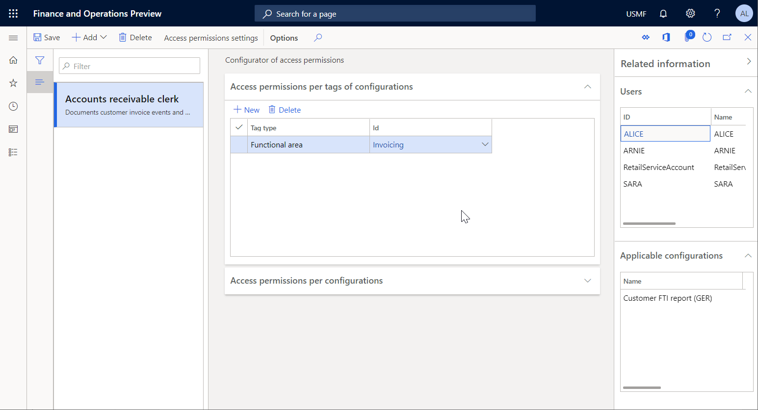 Volet d’informations connexes sur la page Configurateur des autorisations d’accès.