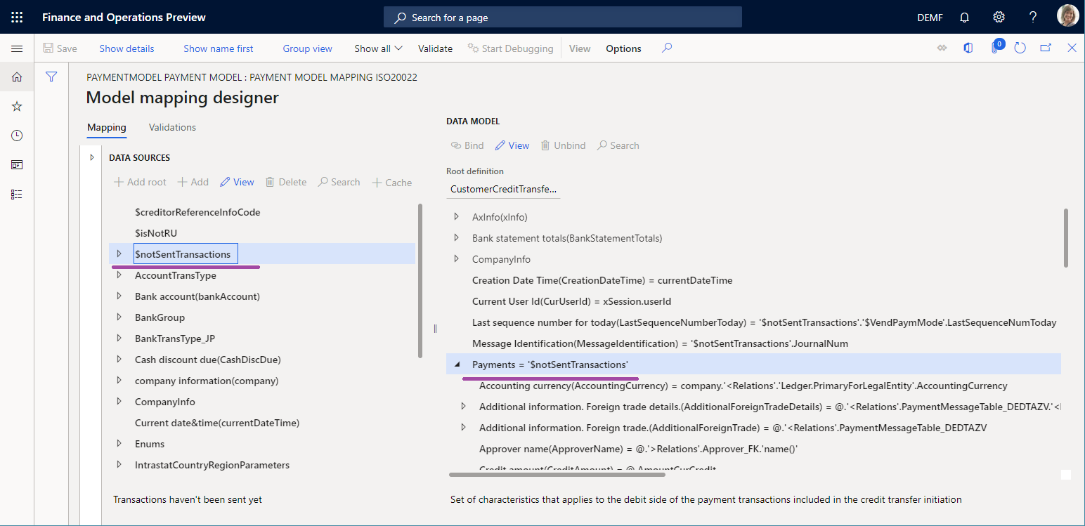 Champ Paiements sur la page Concepteur de mise en correspondance des modèles.