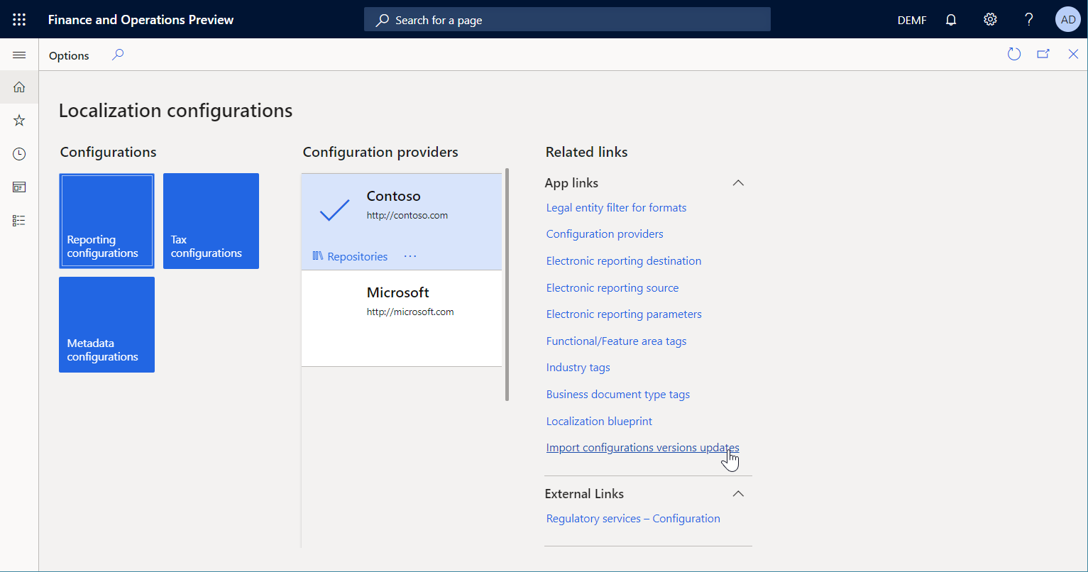 Page Configurations de localisation.