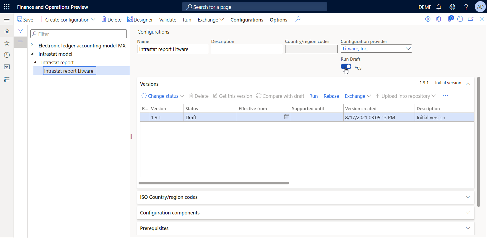 Option Exécuter le brouillon de la page Configurations.