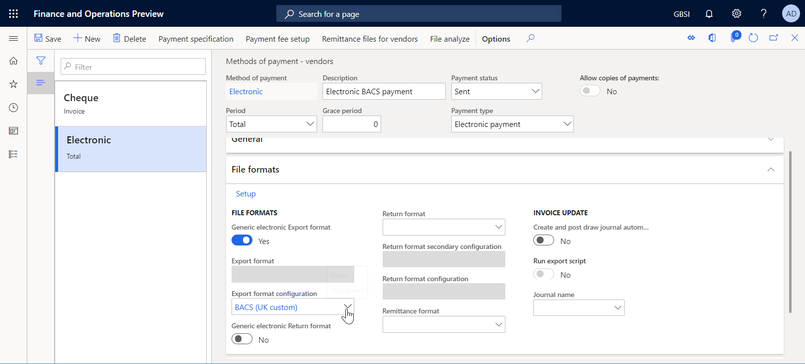 Modes de paiement - page fournisseurs pour configurer un mode de paiement électronique afin de traiter les paiements des fournisseurs à l’aide d’un format personnalisé.