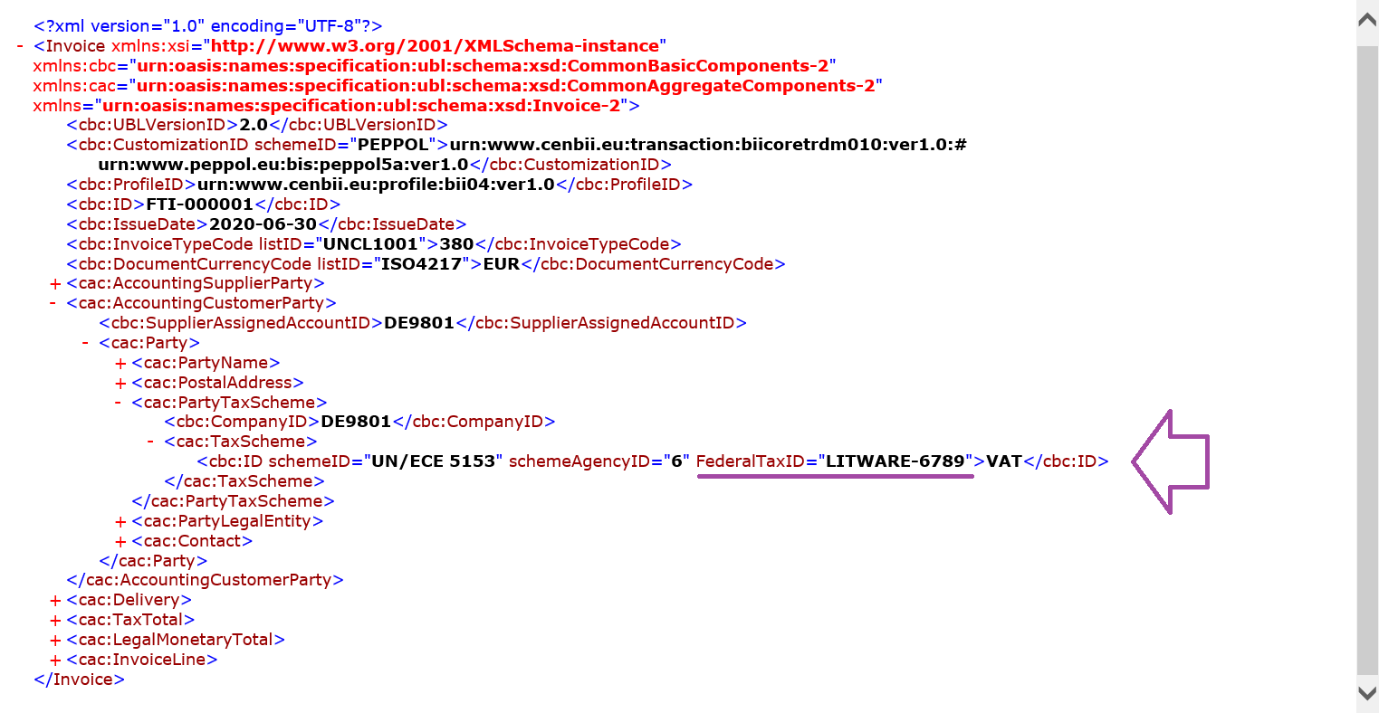 Aperçu du fichier XML de facture électronique généré avec vos personnalisations.