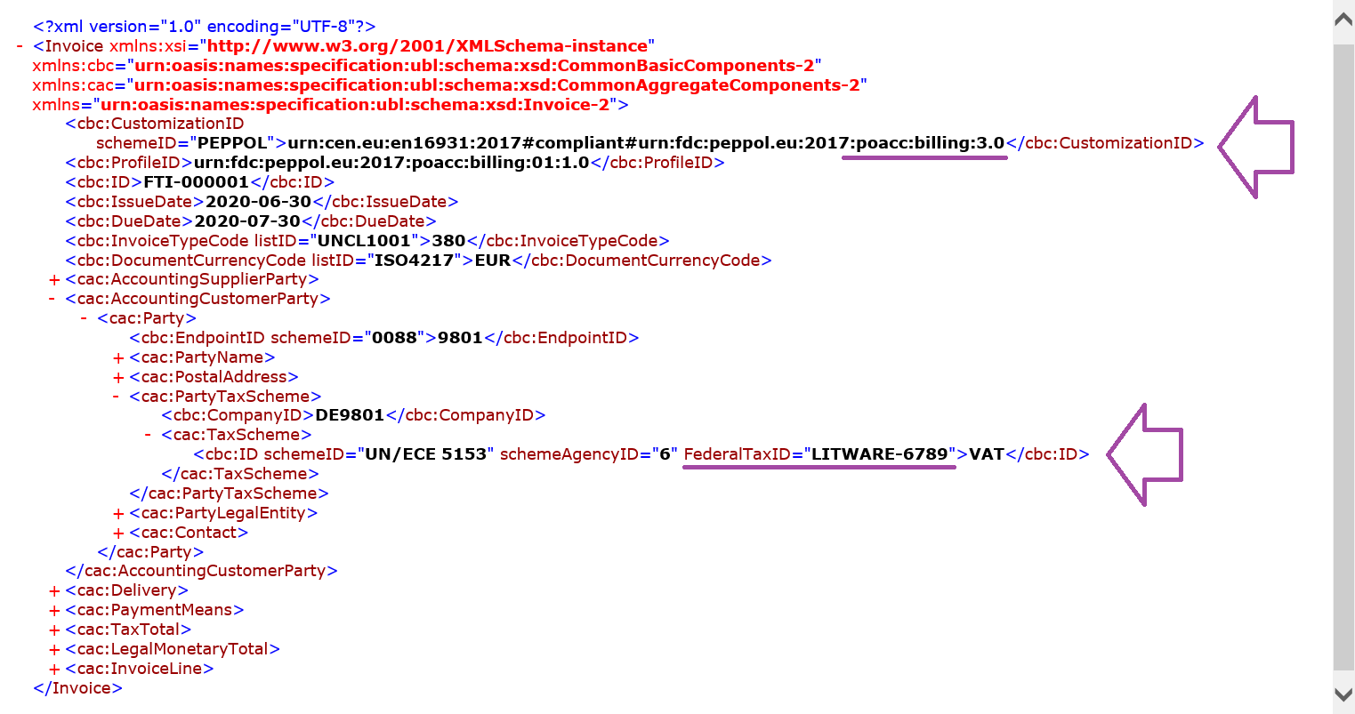 Aperçu du fichier XML de facture électronique généré avec des personnalisations.