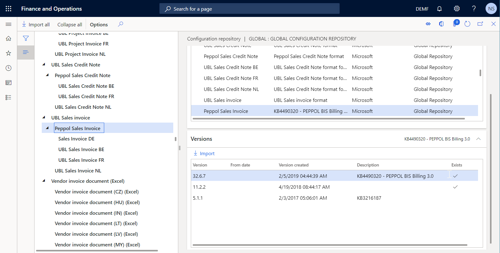 Version 32.6.7 sélectionnée sur la page Référentiel de configuration.