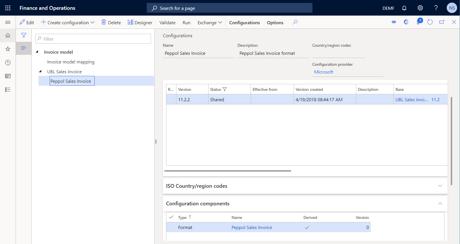 Configuration du format ER Facture client Peppol sur la page Configurations.