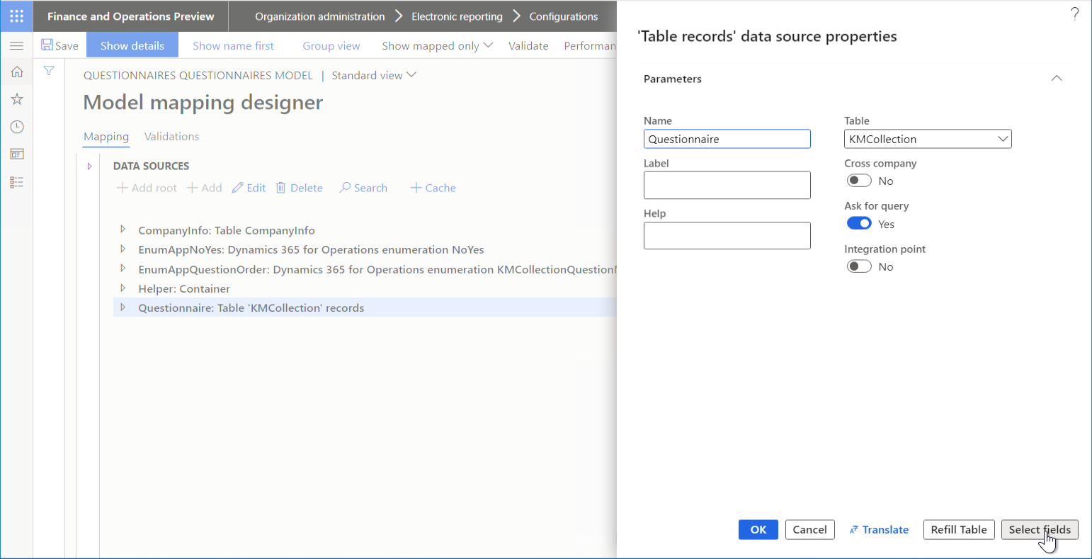 Sélection de Sélectionner des champs dans la boîte de dialogue Propriétés de la source de données pour commencer à configurer la liste des champs qui sera récupérée de table d’application à l’aide de la source de données modifiable.