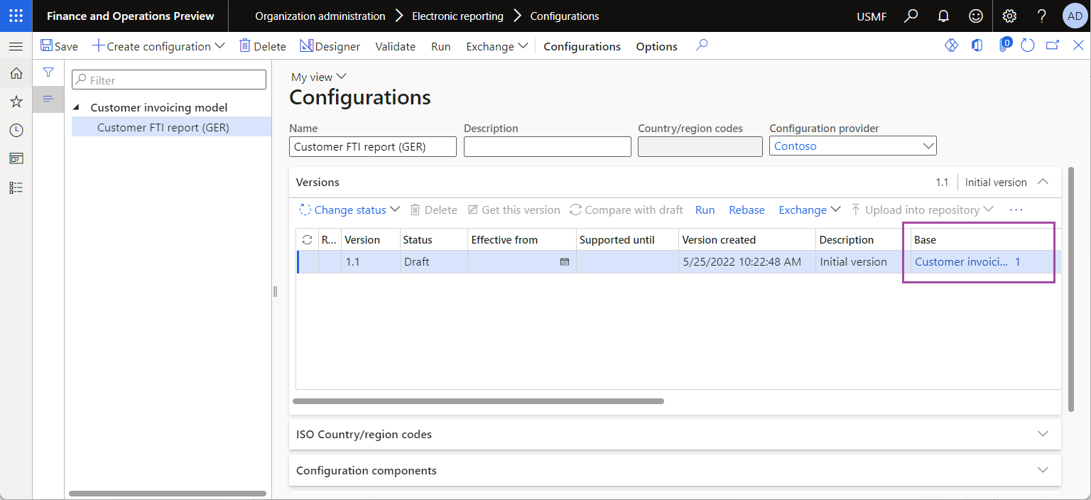 Configuration du format ER dérivé sur la page Configurations.