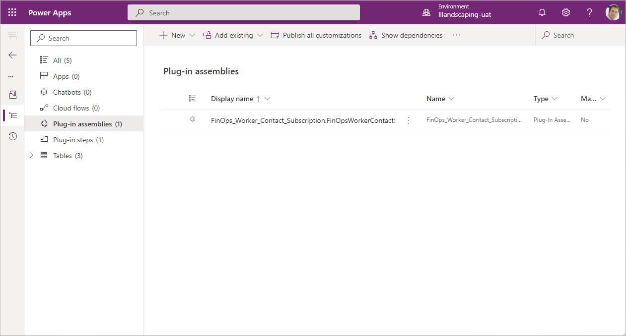 Plug-in assemblies in the Power Apps maker portal.