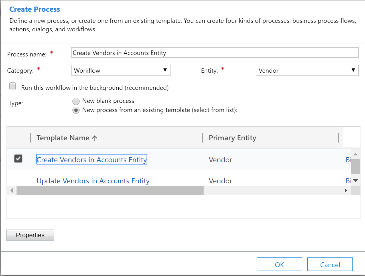 Processus de workflow Créer des fournisseurs dans la table Comptes.