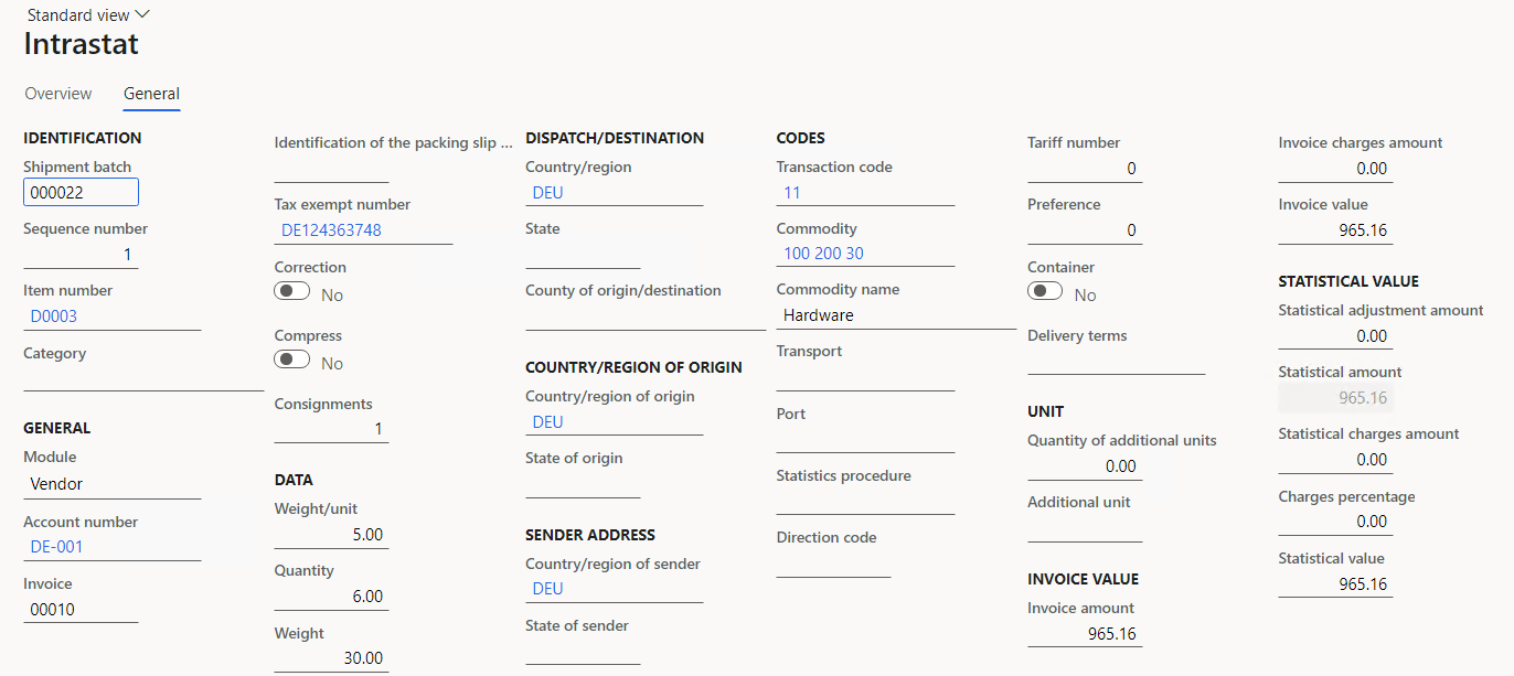 Purchase order details on the General tab of the Intrastat page.