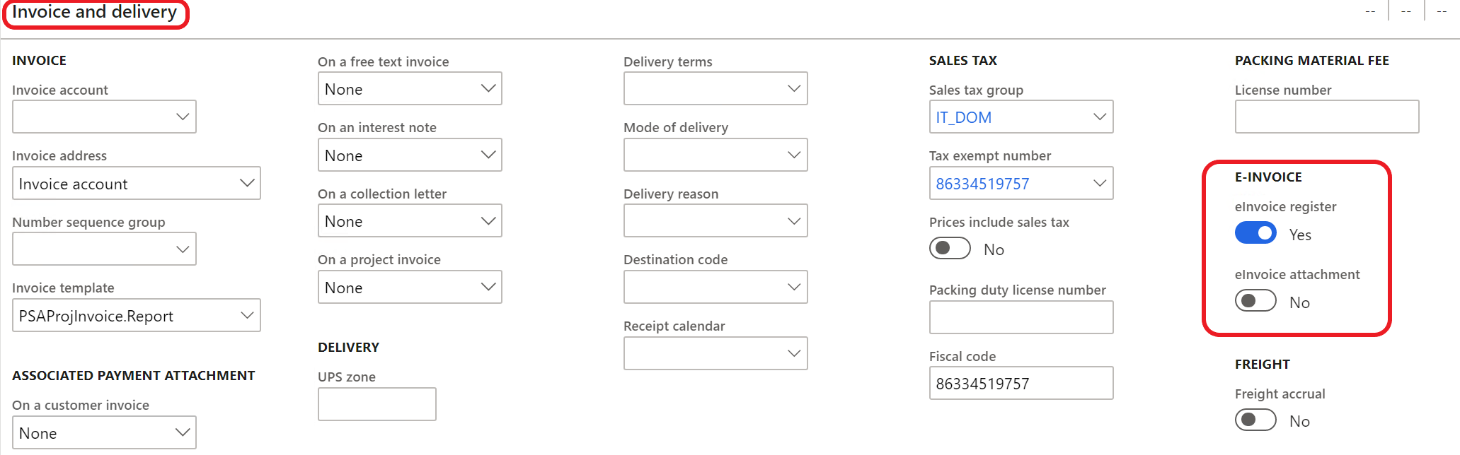 E-invoice section on the Invoice and delivery FastTab of a customer record.