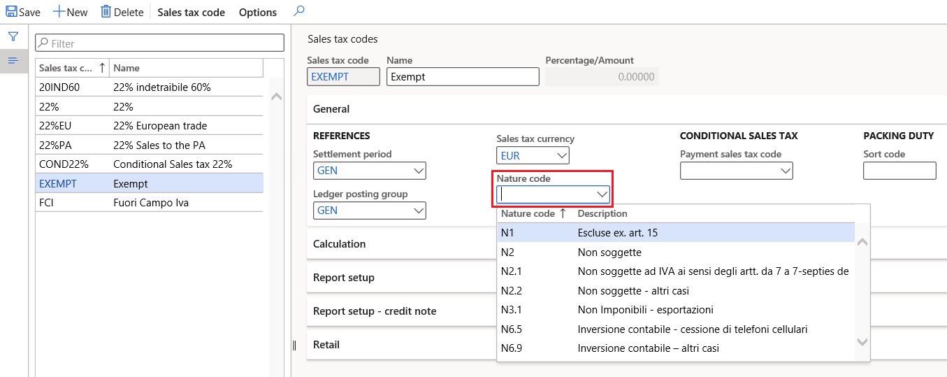 Setting the Nature code field on the Sales tax codes page.