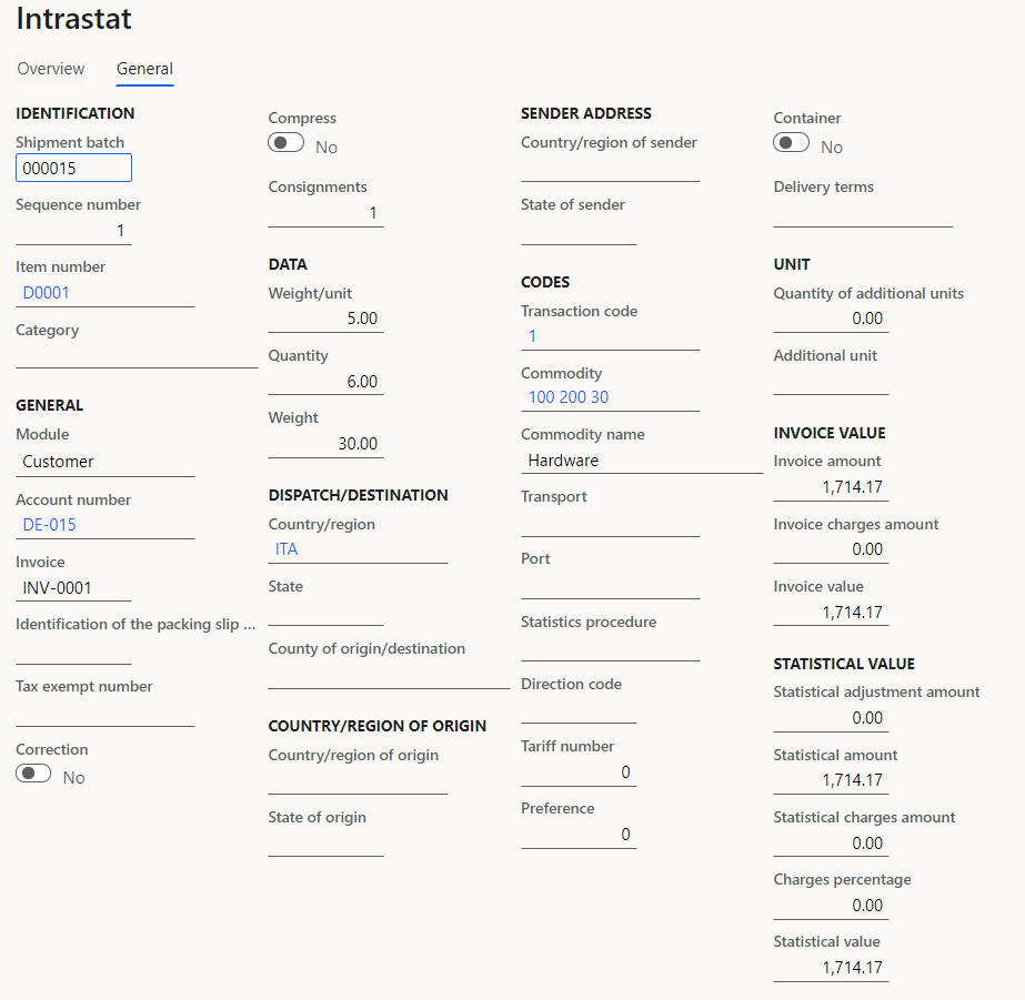 Intrastat journal line details for purchase order