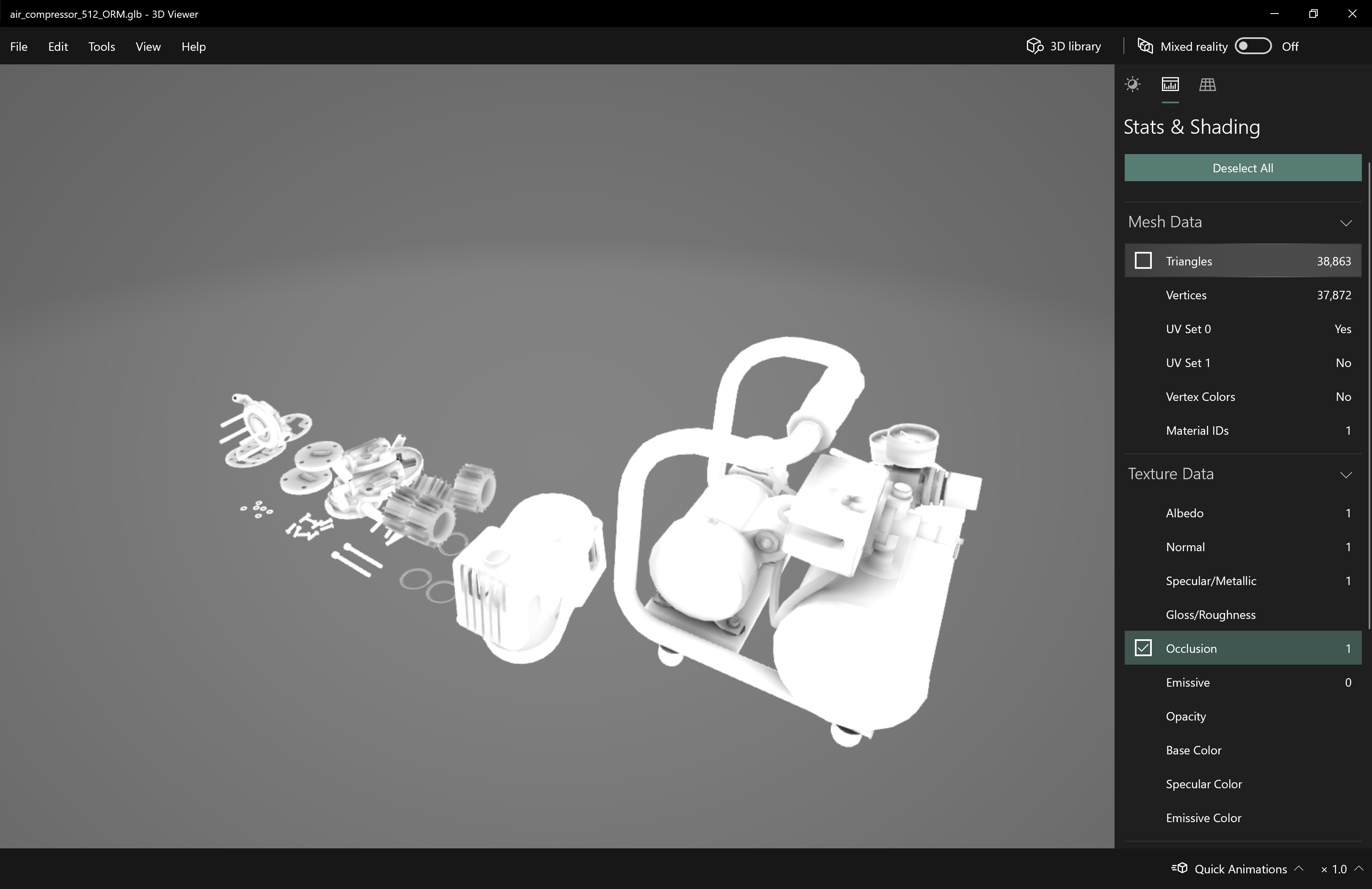 Visionneuse 3D affichant les statistiques et les statistiques. Champ d’ombrage.