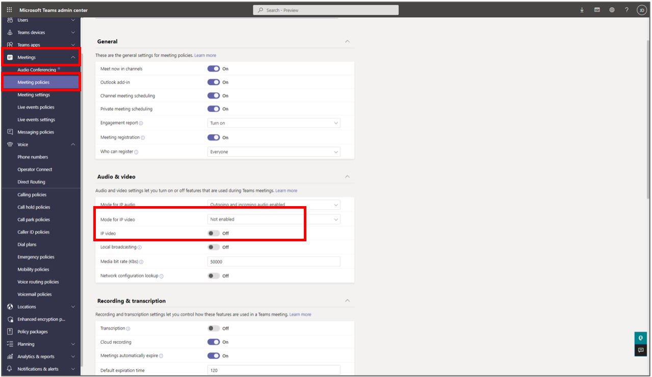 Capture d’écran du Microsoft Teams centre d’administration avec Audio et paramètres vidéo mis en surbrillance.