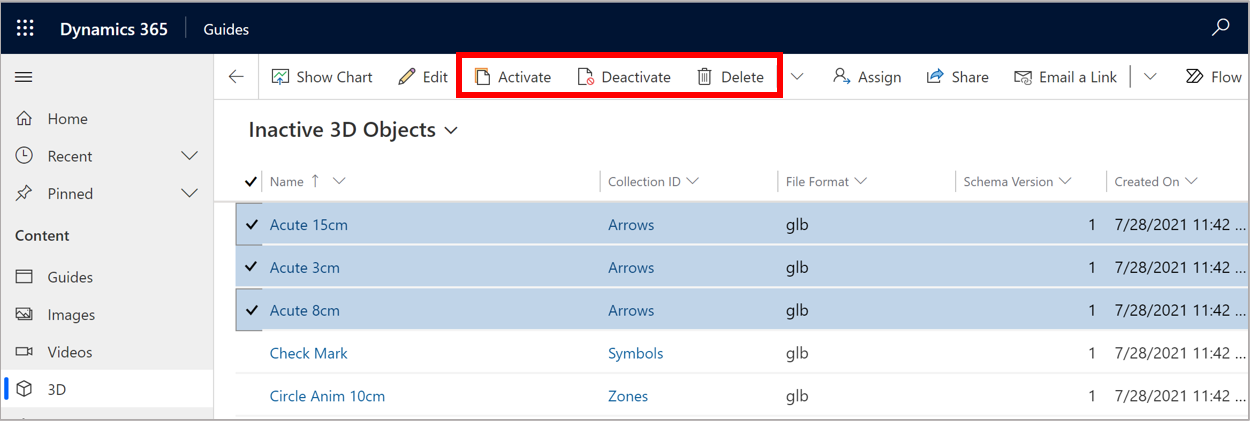 Capture d’écran montrant les boutons Activer, Désactiver et Supprimer pour les objets sélectionnés dans l’application basée sur un modèle Guides.