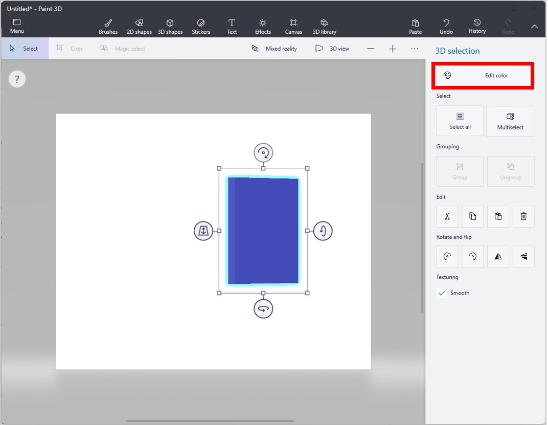 Capture d’écran de Paint 3D avec la commande Modifier la couleur en surbrillance.