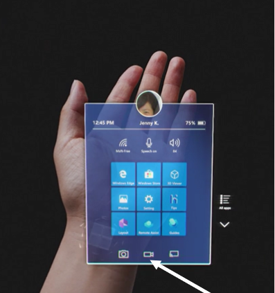 Capture d’écran du champ de vision HoloLens, montrant l’icône de vidéo dans le volet d’outils inférieur.