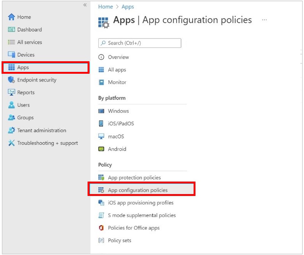 Capture d’écran montrant les commandes Applications et Stratégies de configuration des applications en surbrillance.