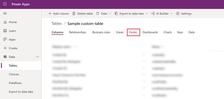 Sélectionner l’onglet Formulaires pour la table.