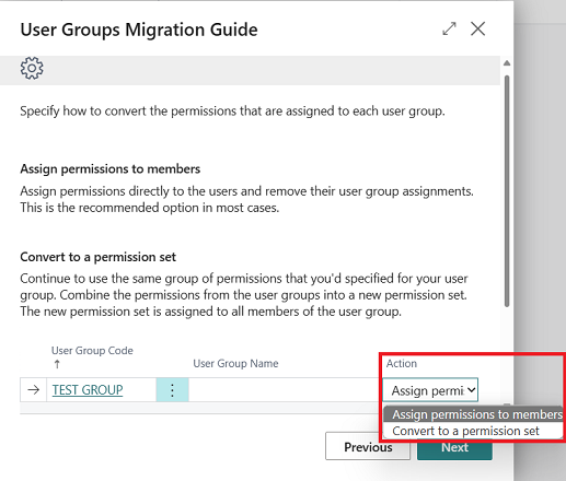 Affiche la page du guide Migration des groupes d’utilisateurs dans laquelle la méthode de conversion est choisie.