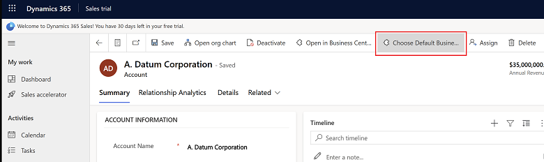 Affiche l’action Choisir la connexion par défaut dans Dynamics 365 Sales