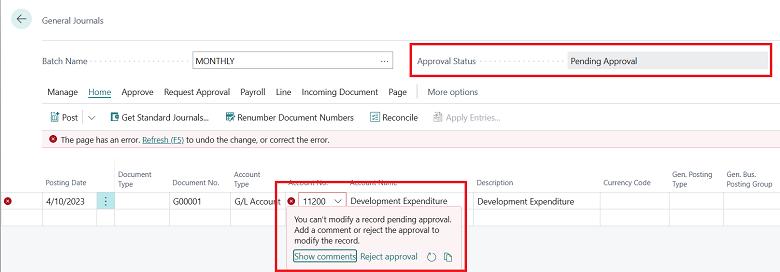 Affiche une erreur de validation en ligne exploitable sur la page Feuille comptabilité