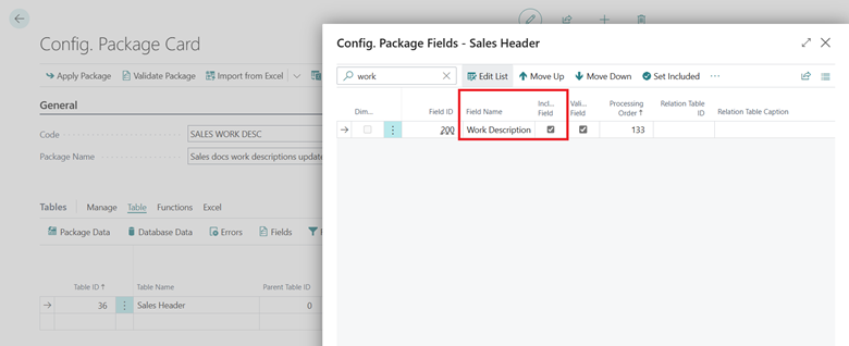 Montre la page Champs package config. avec le champ Description du travail (BLOB) inclus.