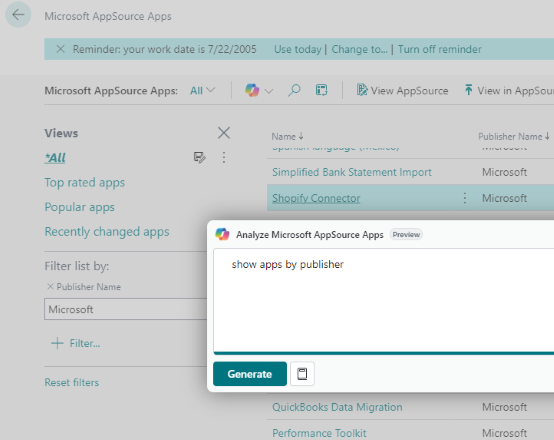 Utilisation de l’option d’analyse de liste de Copilot pour créer une vue d’analyse pour les applications AppSource