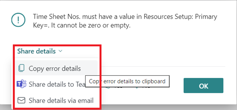 Affiche le groupe d’actions Partager les détails dans la boîte de dialogue d’erreur.