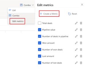 Capture d’écran illustrant l’option Modifier les métriques dans le gestionnaire de transactions et le volet latéral de modification des métriques avec l’option Créer une métrique et la liste des métriques.