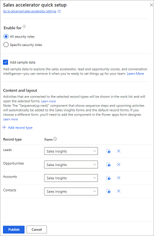 Volet de configuration rapide de l’accélérateur des ventes.