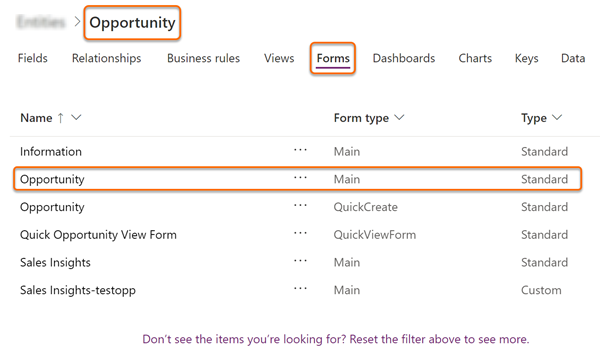 Capture d’écran de la sélection du formulaire principal Opportunité dans l’onglet Formulaires de la table Opportunité.