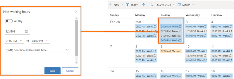 Capture d’écran de la définition des heures non travaillées pour un rendez-vous.