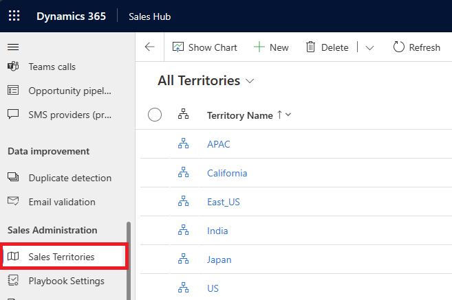 Capture d’écran du menu Secteurs de vente dans les paramètres de l’application avec la liste des territoires.