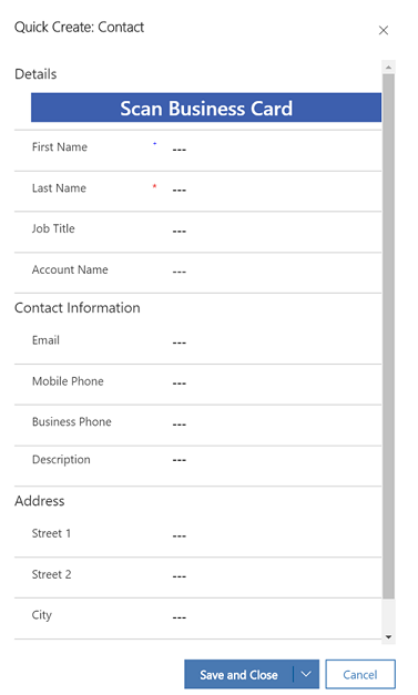 Possibilité de numériser une carte de visite dans le formulaire de création rapide de contact.