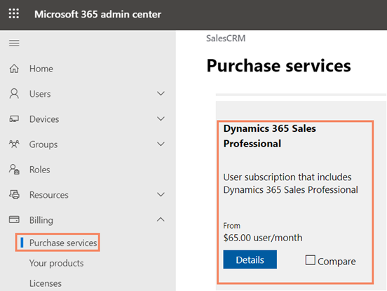 Sélectionner la vignette Dynamics 365 Sales Professional.