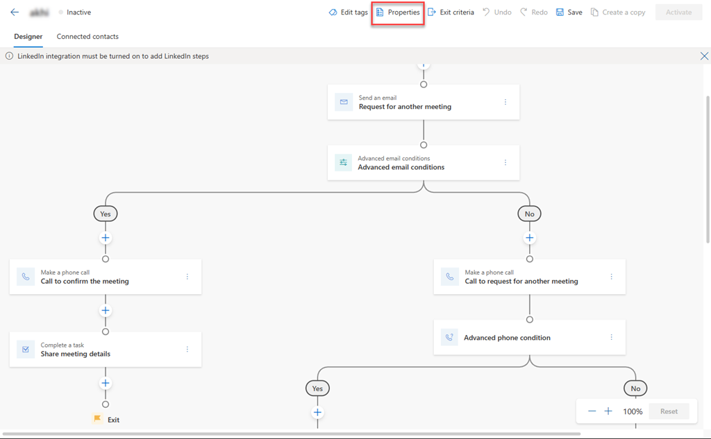 Capture d’écran de la page de séquences avec option de propriétés