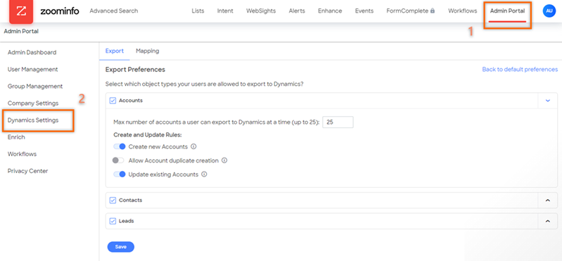 Sélectionnez les paramètres de Dynamics du portail d’administration dans ZoonInfo