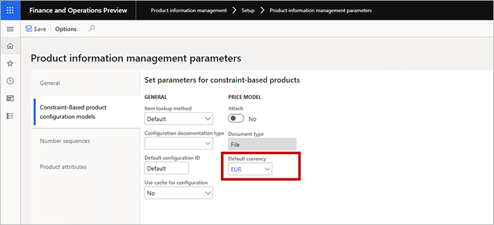 Définissez la devise par défaut pour la configuration de produit basée sur les contraintes.