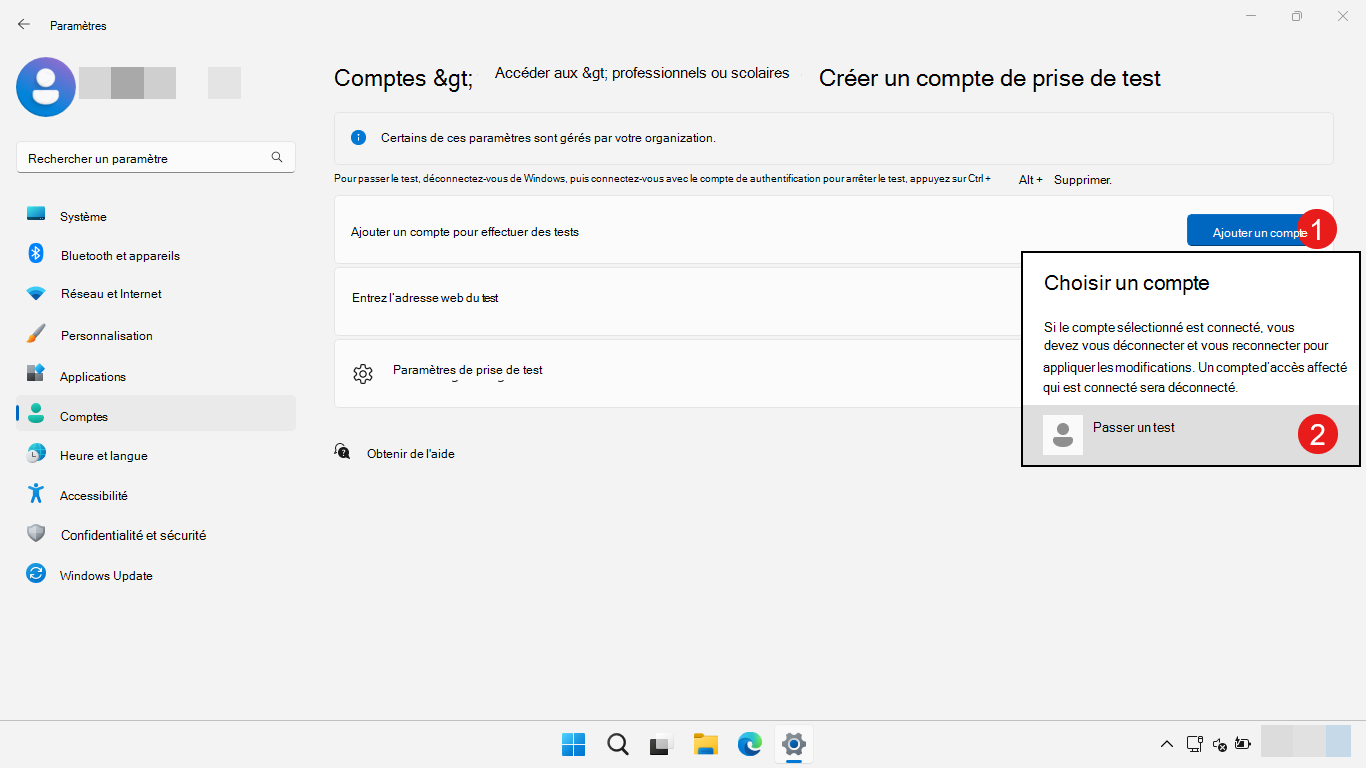 l’étape 4 Utilisez l’application Paramètres pour choisir le compte de prise de test.