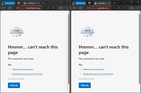 Capture d’écran de deux fenêtres de navigateur montrant l’accès bloqué aux sites de test.